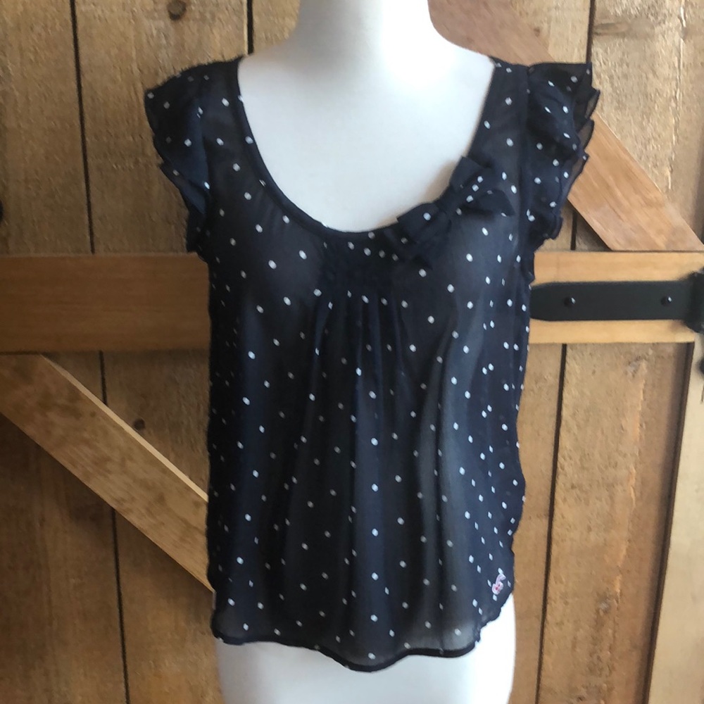HOLLISTER Navy Blue & White Polka-Dot Sheer top. Ruffled Sleeve. Size S